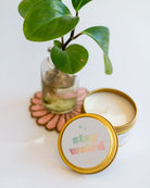 Stay Weird Just Because 4oz candle tin with pastel rainbow text, paired with small plant on a pink coaster.