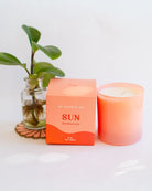 Sun 9oz Hue Candle in bright orange with Sparkling Citrus scent, accompanied by packaging box and potted greenery.