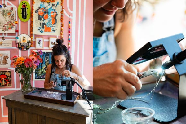 Brandy, an artisan at Bella Vita Jewelry, crafting a unique jewelry piece in the studio