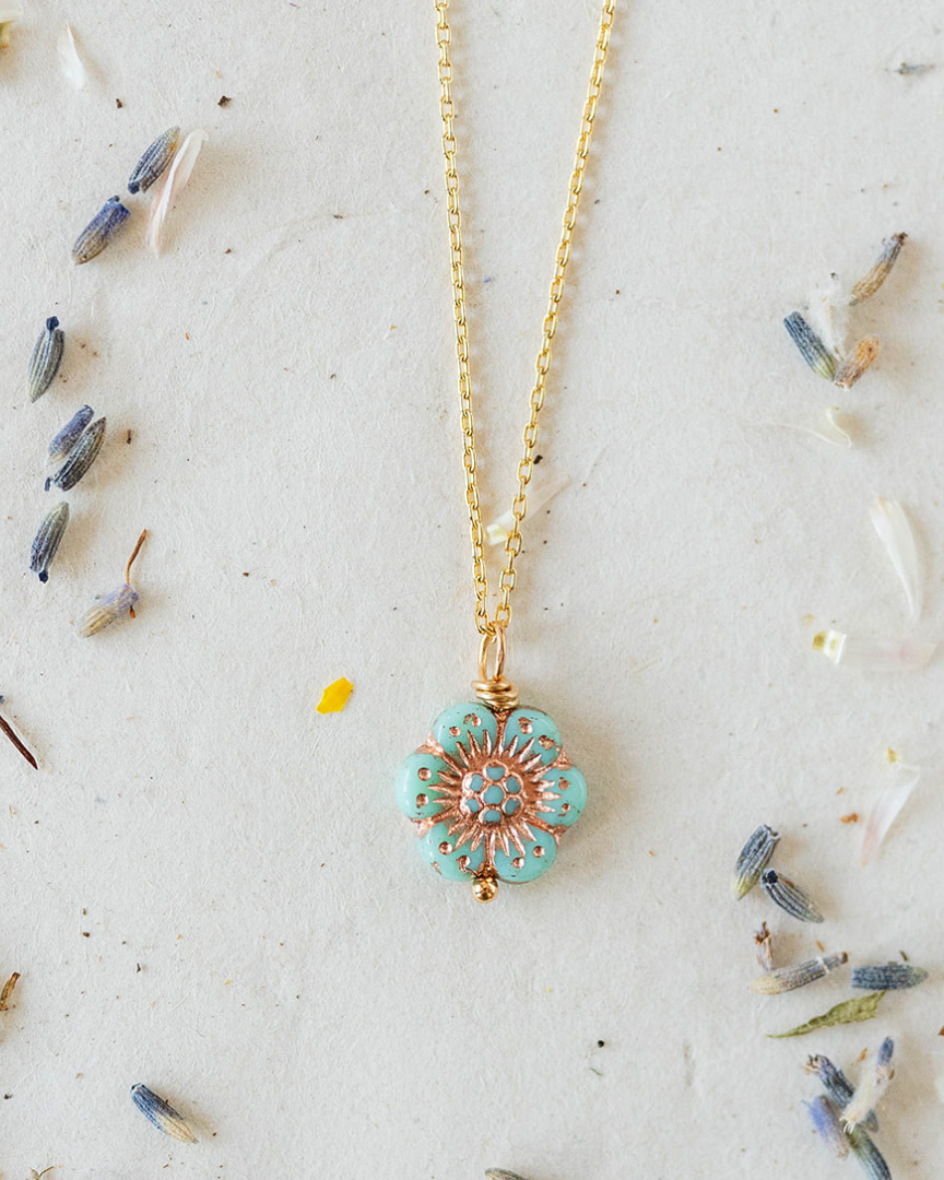 Flower Power Chain Necklace Charm + Pendant Necklaces Bella Vita Jewelry Gold Plated Aqua