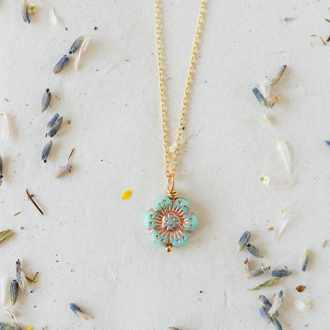 Flower Power Chain Necklace Charm + Pendant Necklaces Bella Vita Jewelry Gold Plated Aqua