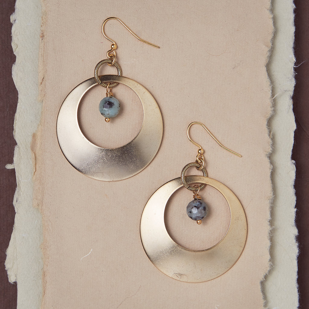 Athena Hoop with Gemstone Dangle Earrings Bella Vita Jewelry Kiwi Jasper - Gold Plated  