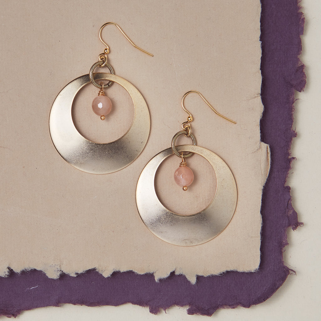 Athena Hoop with Gemstone Dangle Earrings Bella Vita Jewelry Peach Moonstone - Gold Plated  