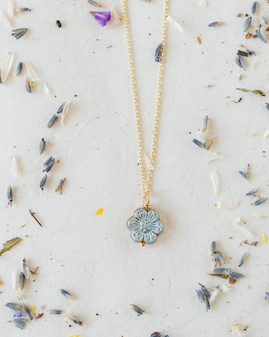 Flower Power Chain Necklace Charm + Pendant Necklaces Bella Vita Jewelry Gold Plated Aurora Borealis