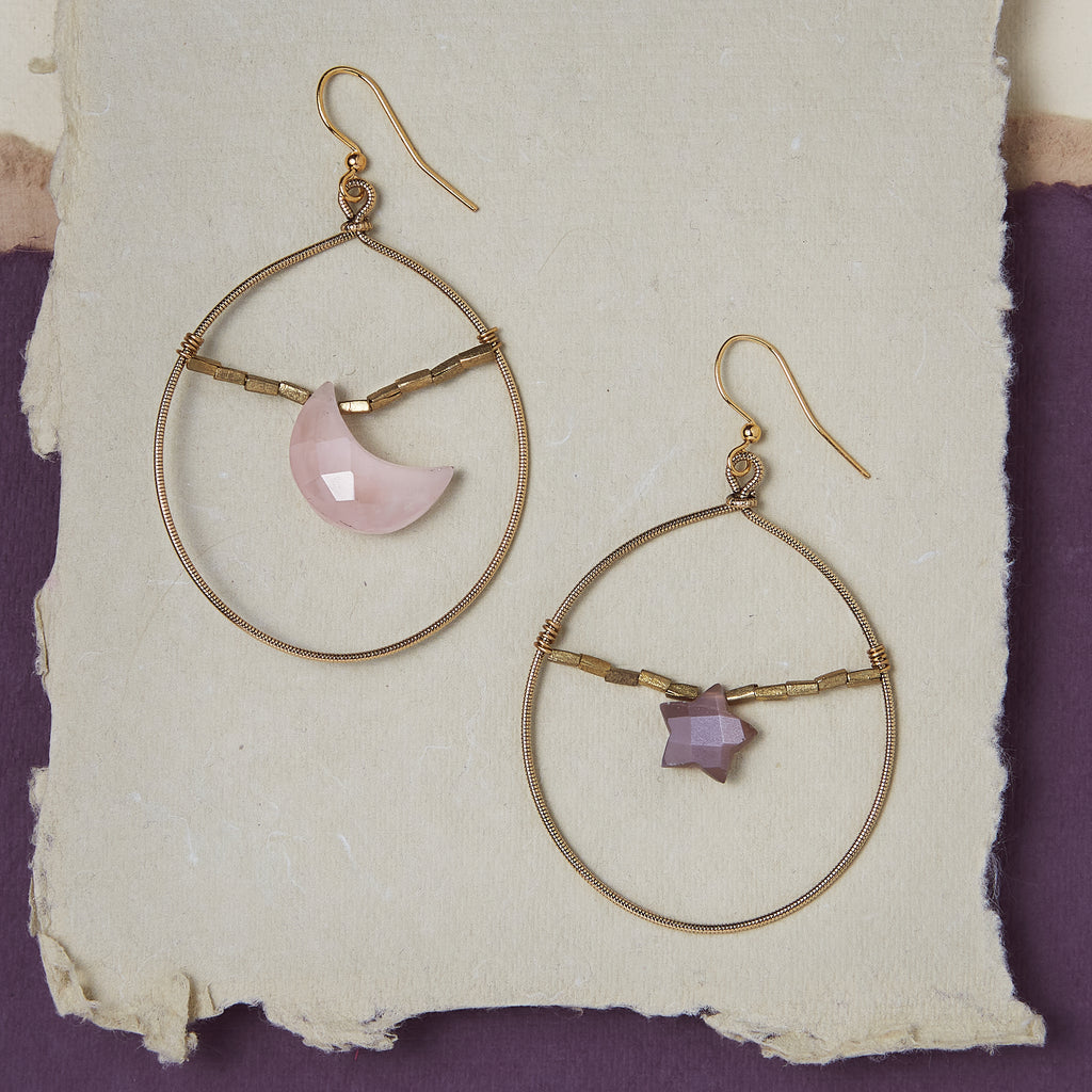 Gemstone Moon & Star Earrings - Rose Quartz Dangle Earrings Bella Vita Jewelry Gold Plated  