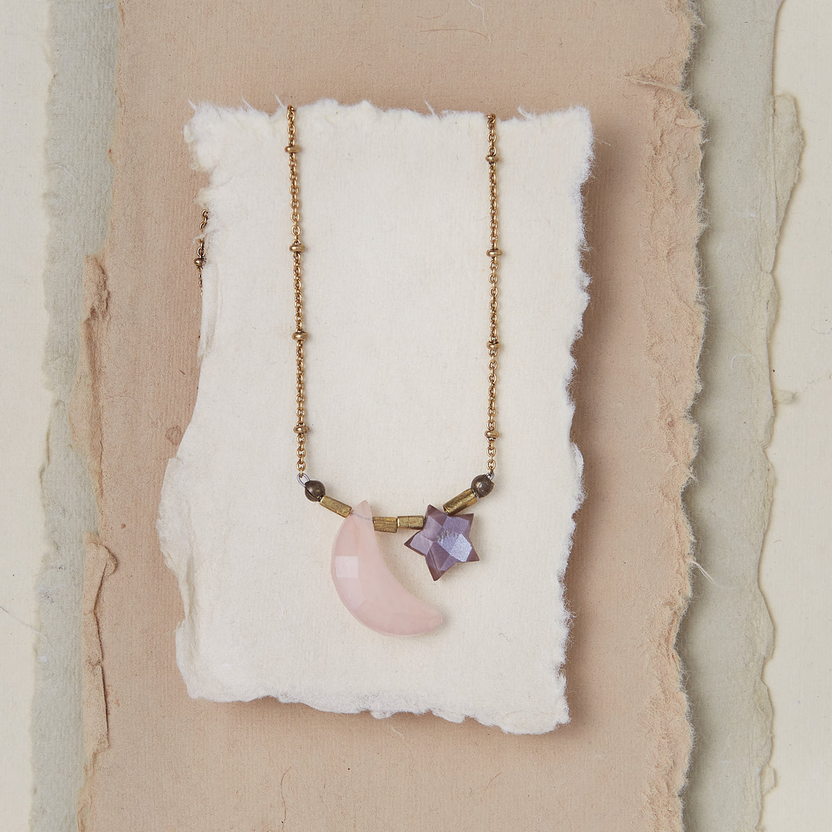 Gemstone Moon & Star Necklace - Rose Quartz – Bella Vita Jewelry