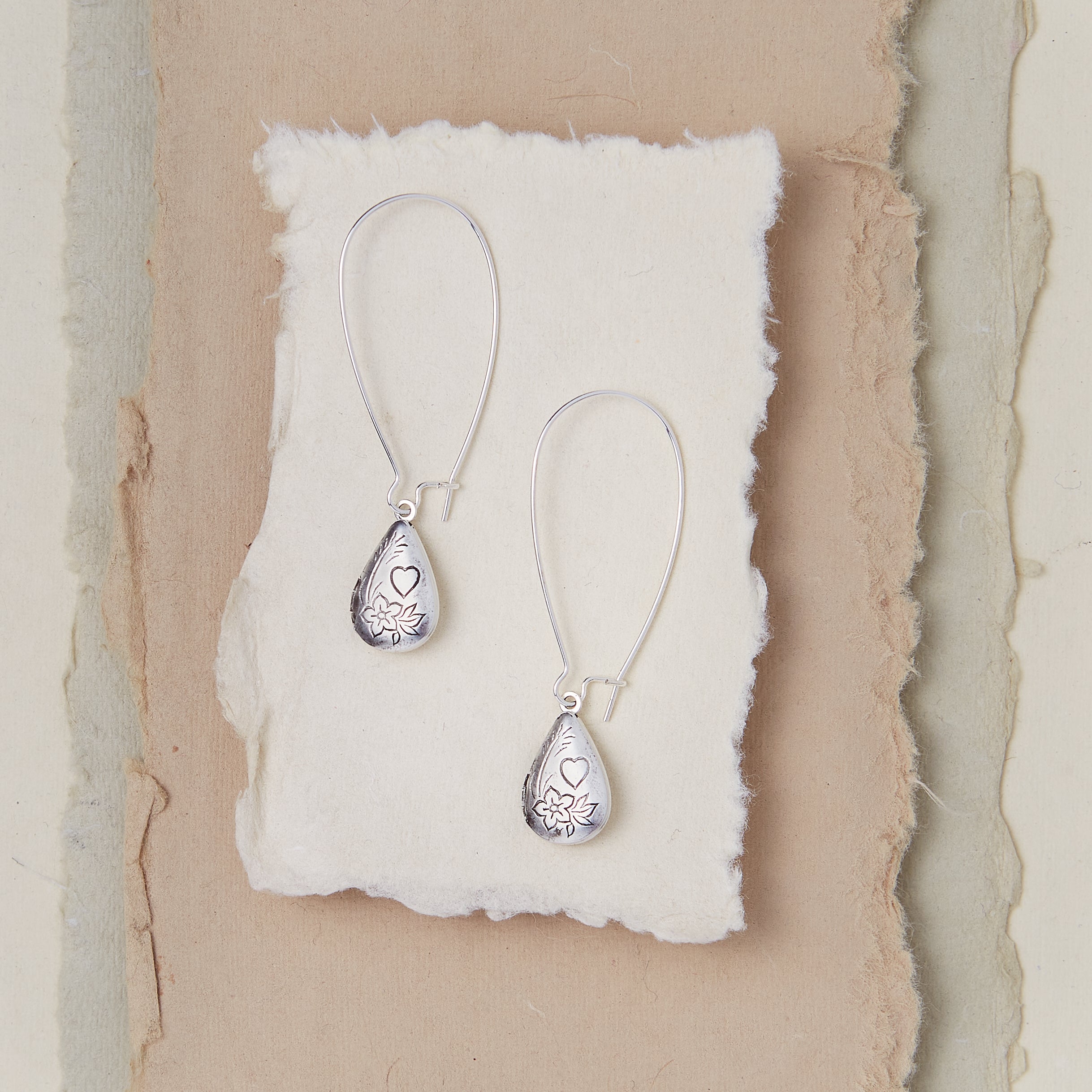 Floral Tear Drop Locket Earrings Dangle Earrings Bella Vita Jewelry Silver Plated