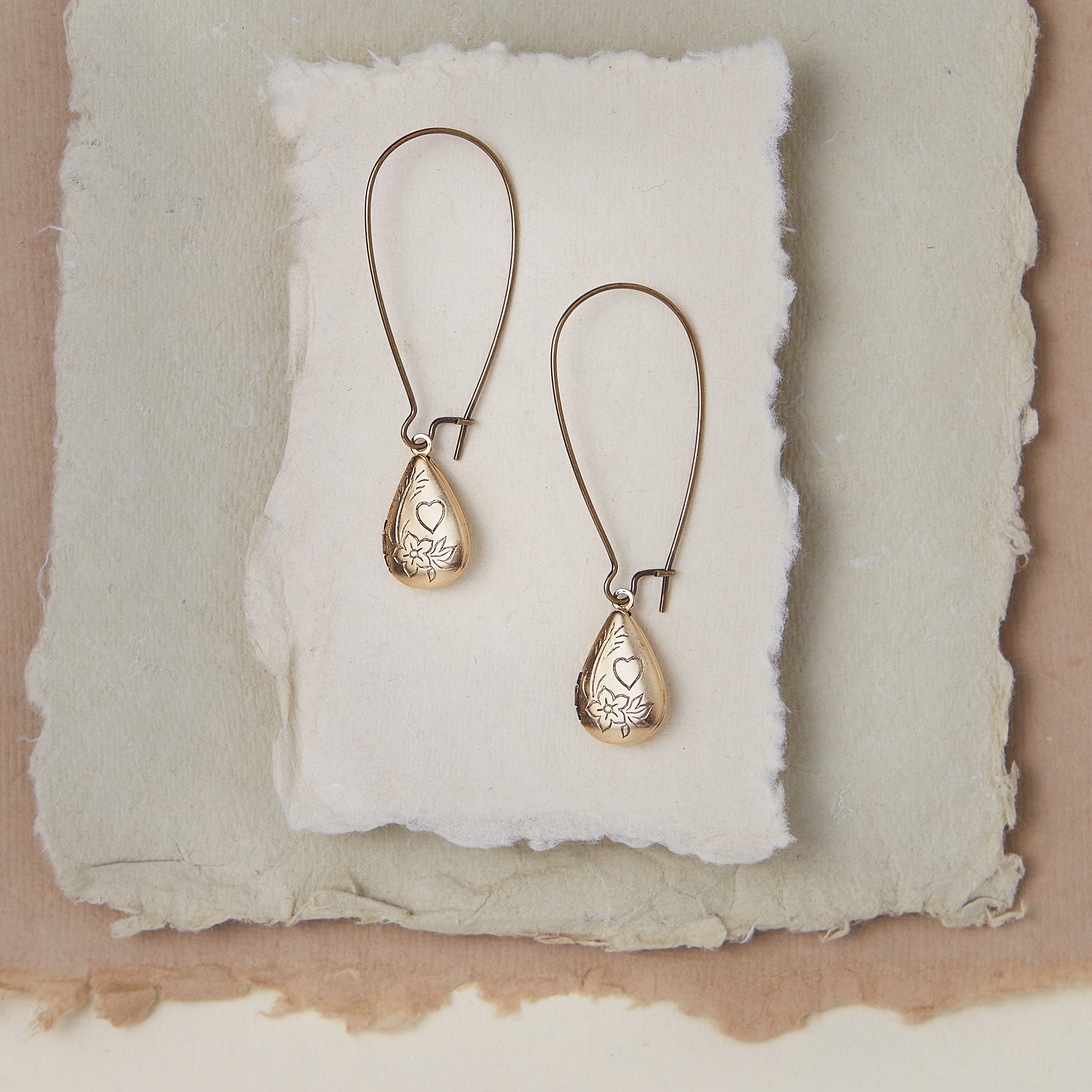 Floral Tear Drop Locket Earrings Dangle Earrings Bella Vita Jewelry Gold Plated