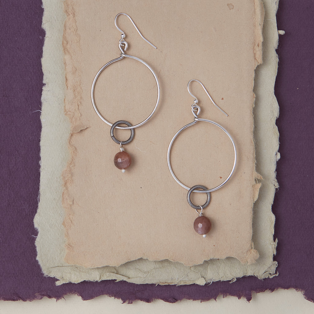 Pluto Small Hoop with Gemstone Hoop Earrings Bella Vita Jewelry Peach Moonstone Silver Plated  
