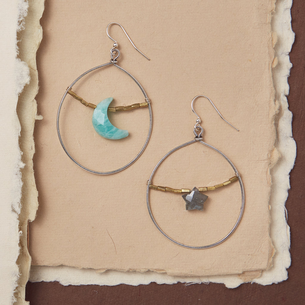 Gemstone Moon & Star Earrings - Amazonite Dangle Earrings Bella Vita Jewelry Silver Plated  