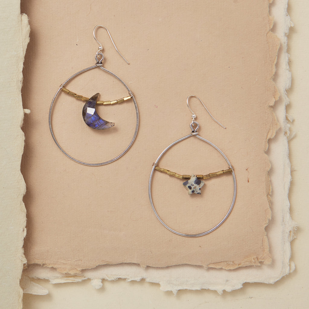 Gemstone Moon & Star Earrings - Labradorite Dangle Earrings Bella Vita Jewelry Silver Plated  
