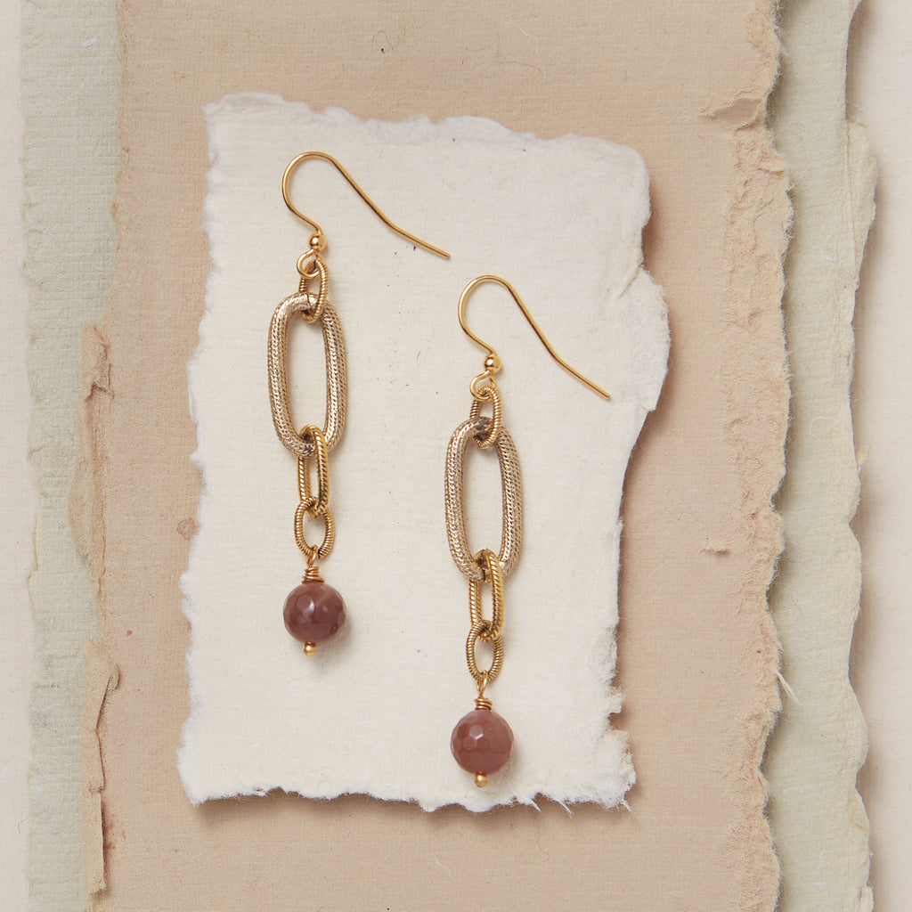 Artemis Chain Link Earring Dangle Earrings Bella Vita Jewelry Peach Moonstone Gold Plated  