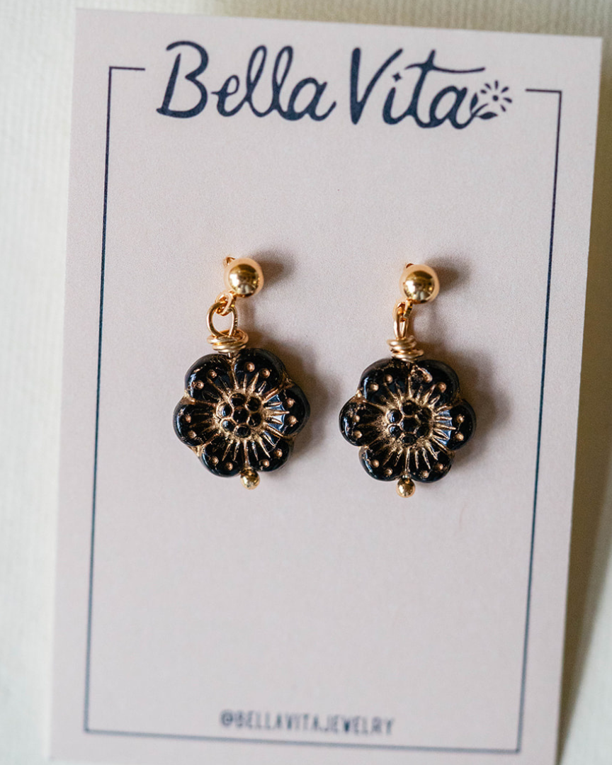 Flower Power Post Earring Stud + Post Earrings Bella Vita Jewelry Gold Plated Black