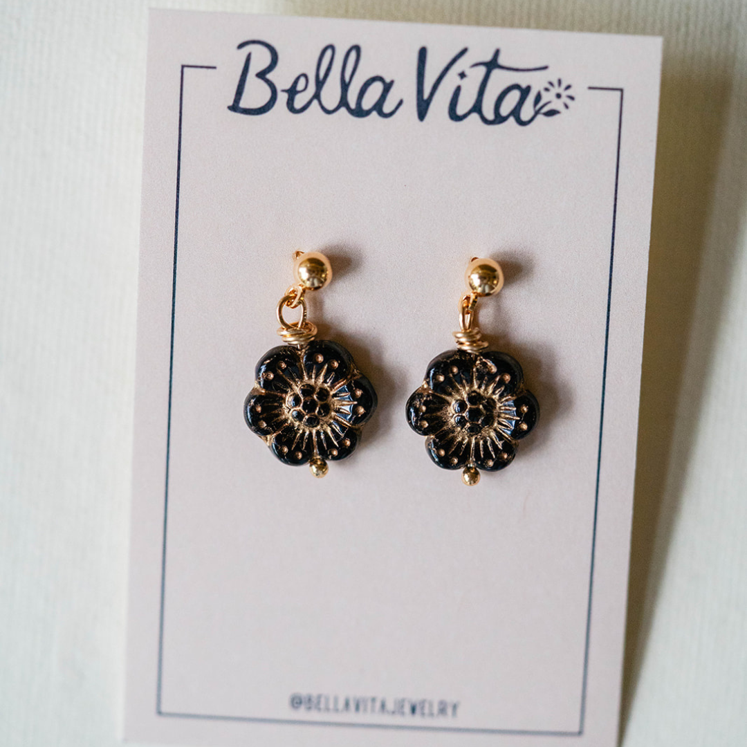 Flower Power Post Earring Stud + Post Earrings Bella Vita Jewelry Gold Plated Black