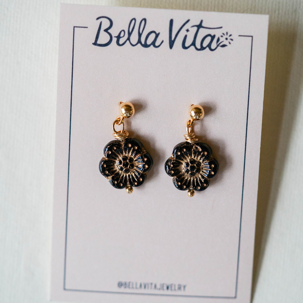 Flower Power Post Earring Stud + Post Earrings Bella Vita Jewelry Gold Plated Black 