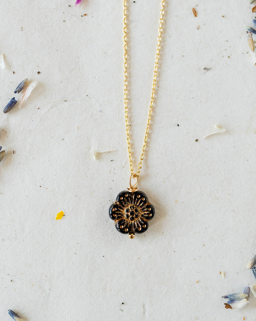Flower Power Chain Necklace Charm + Pendant Necklaces Bella Vita Jewelry Gold Plated Black