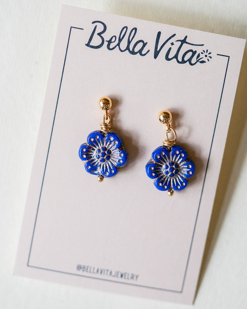 Flower Power Post Earring Stud + Post Earrings Bella Vita Jewelry Gold Plated Blue