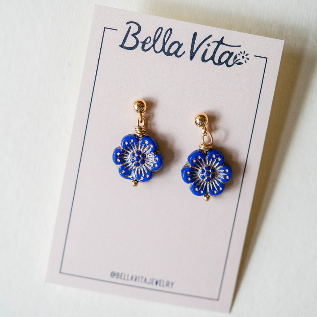 Flower Power Post Earring Stud + Post Earrings Bella Vita Jewelry Gold Plated Blue 