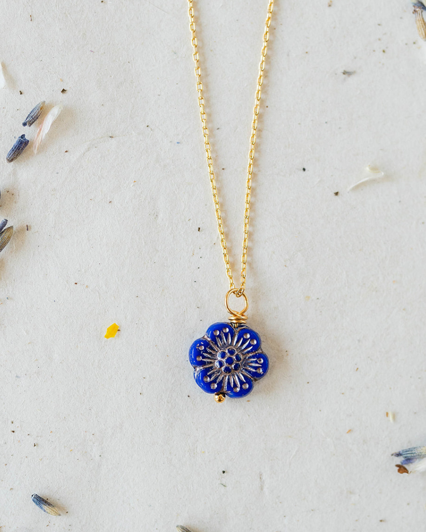 Flower Power Chain Necklace Charm + Pendant Necklaces Bella Vita Jewelry Gold Plated Blue