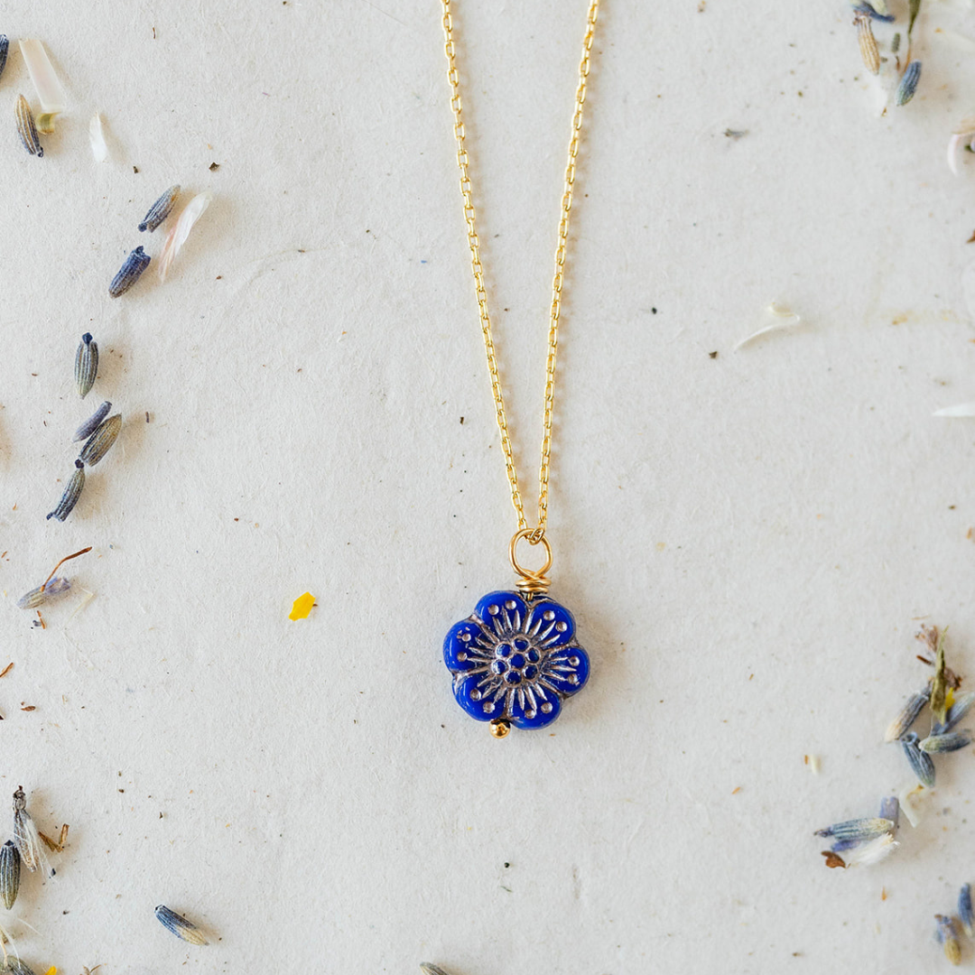 Flower Power Chain Necklace Charm + Pendant Necklaces Bella Vita Jewelry Gold Plated Blue
