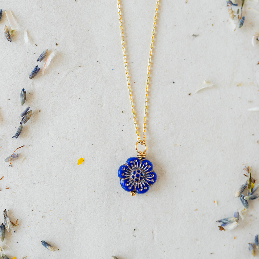 Flower Power Large Chain Necklace Charm + Pendant Necklaces Bella Vita Jewelry Gold Plated Blue 