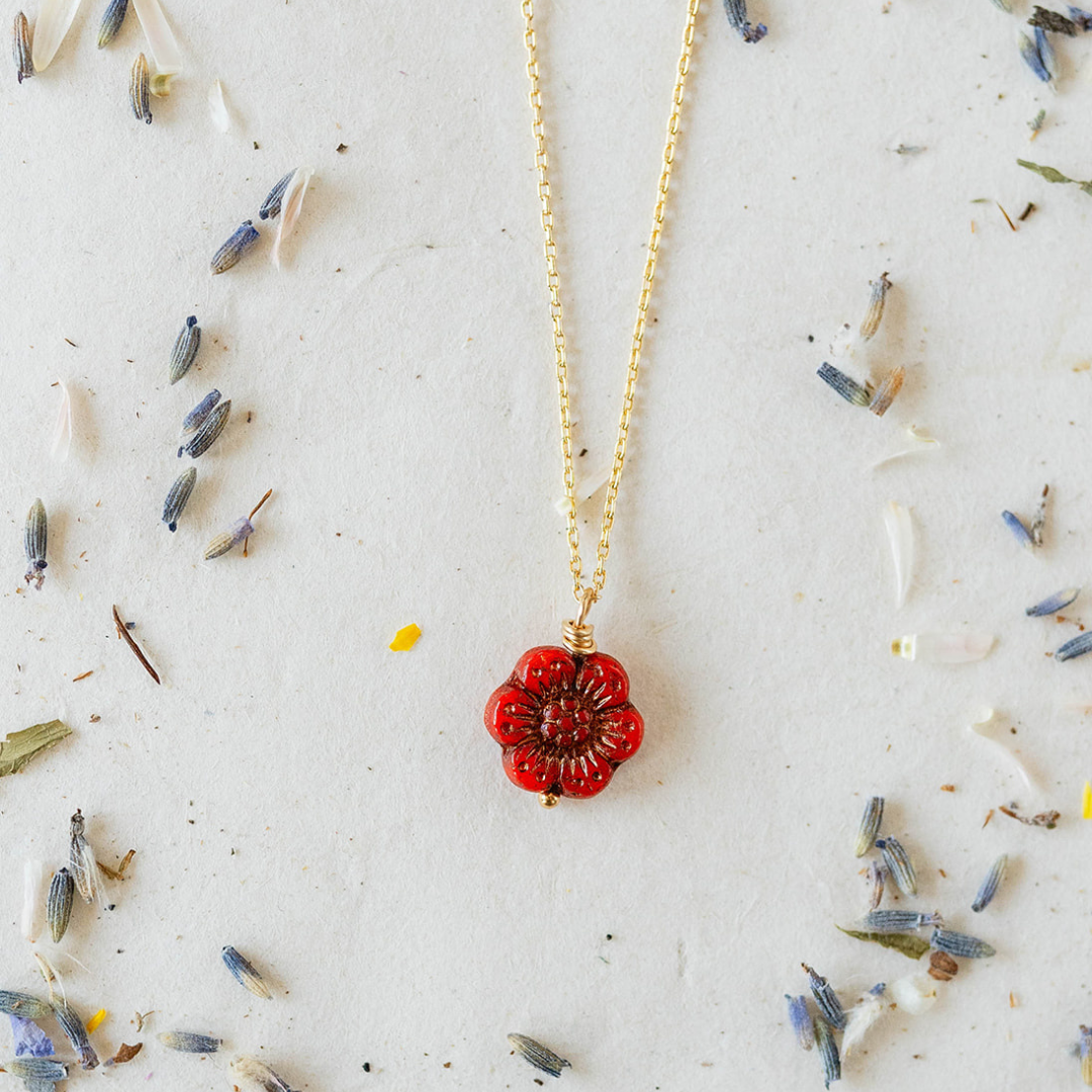 Flower Power Chain Necklace Charm + Pendant Necklaces Bella Vita Jewelry Gold Plated Burnt Orange