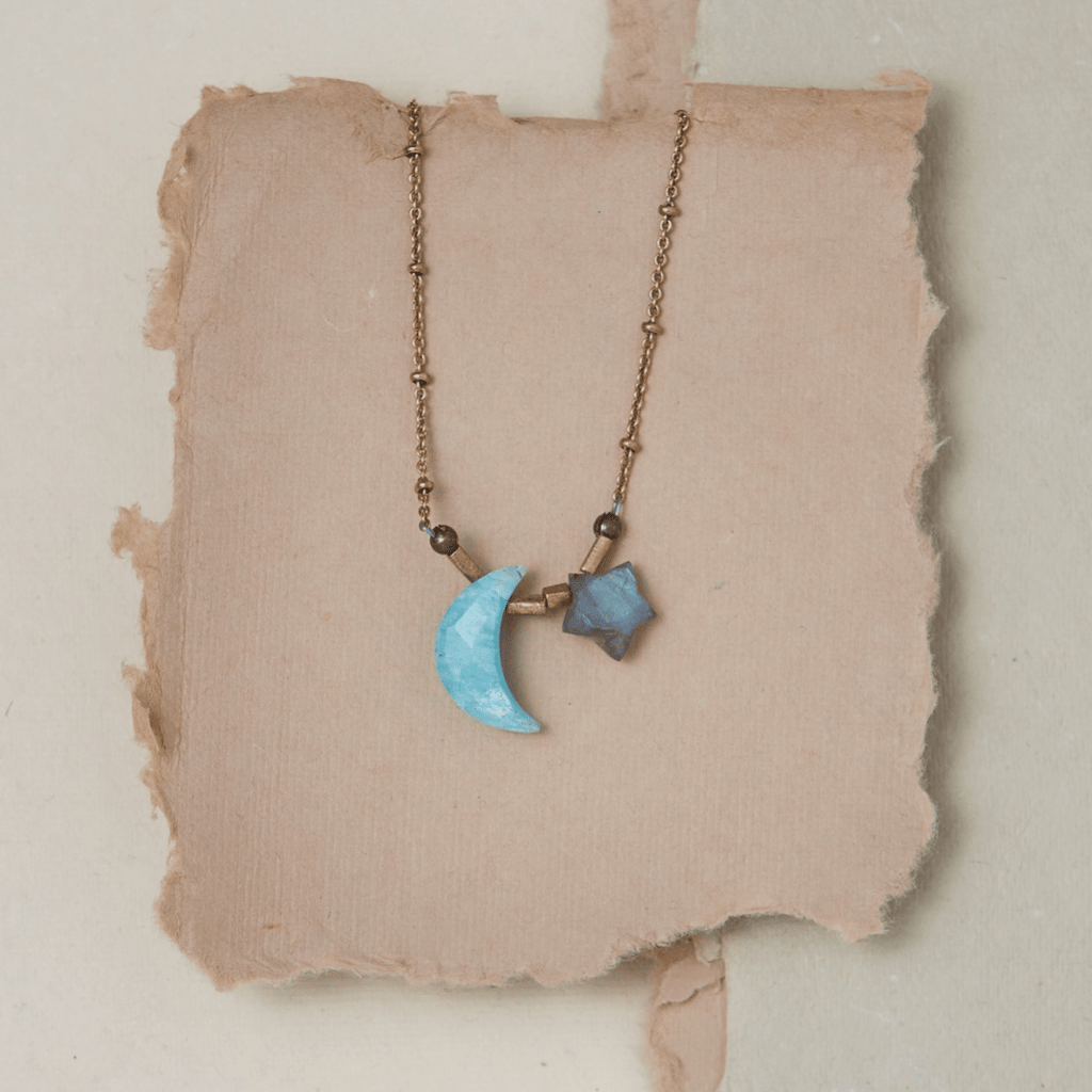Gemstone Moon & Star Necklace - Amazonite Charm + Pendant Necklaces Bella Vita Jewelry   