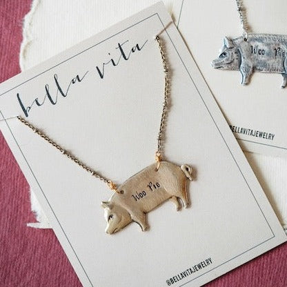 Hand Stamped Woo Pig Necklace Charm + Pendant Necklaces Bella Vita Jewelry