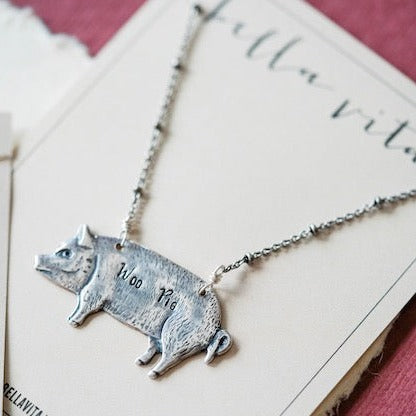 Hand Stamped Woo Pig Necklace Charm + Pendant Necklaces Bella Vita Jewelry Silver Plated Pig/Silver Plated CHain