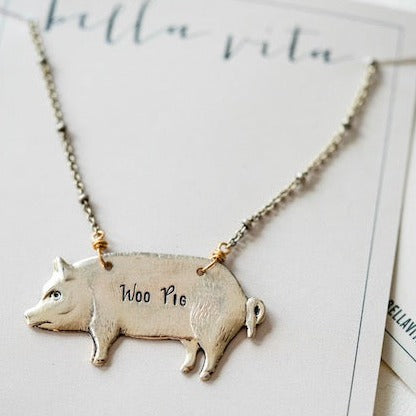 Hand Stamped Woo Pig Necklace Charm + Pendant Necklaces Bella Vita Jewelry Gold Plated Pig/Antique Gold Plated Chain