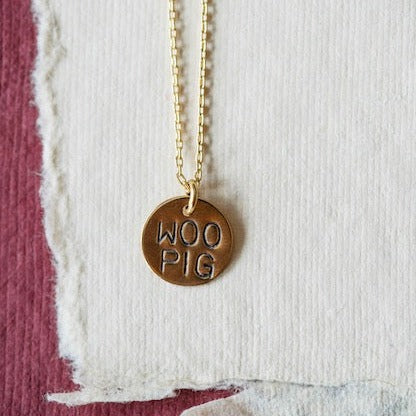 Hand Stamped Woo Pig Charm Necklace Charm + Pendant Necklaces Bella Vita Jewelry