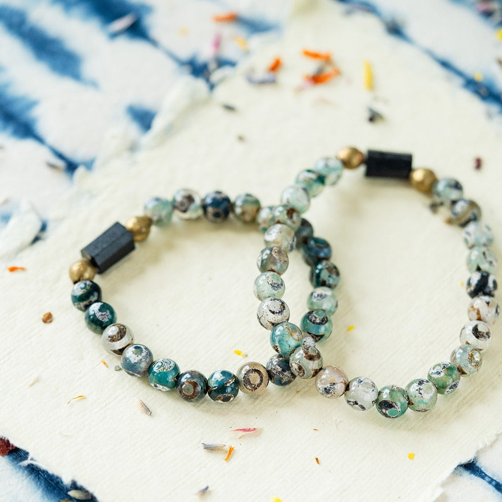 Original Good Vibes Intention Bracelets | Handcrafted Gemstone Jewelry Beaded Bangles Bella Vita Jewelry Blue Tibetan Dzi Eye 7 inches