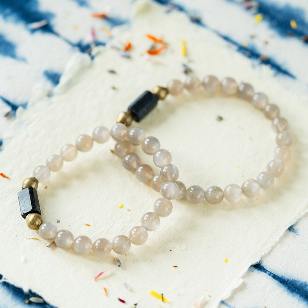 Original Good Vibes Intention Bracelets | Handcrafted Gemstone Jewelry Beaded Bangles Bella Vita Jewelry Gray Moonstone 7 inches