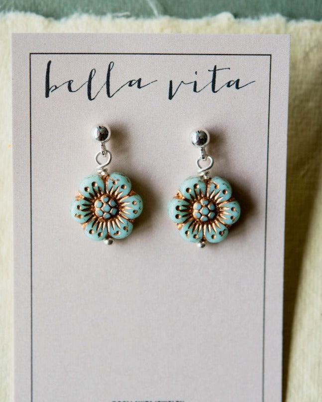 Flower Power Post Earring Stud + Post Earrings Bella Vita Jewelry Gold Plated Turquoise