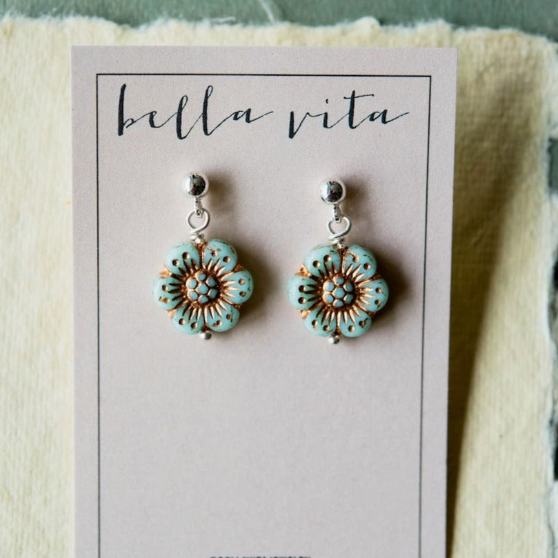 Flower Power Post Earring Stud + Post Earrings Bella Vita Jewelry Gold Plated Turquoise
