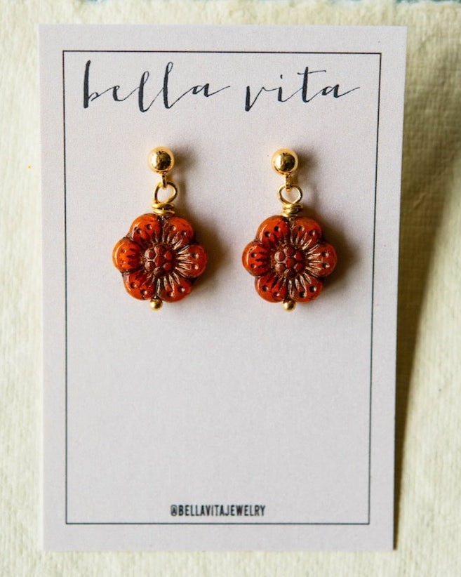 Flower Power Post Earring Stud + Post Earrings Bella Vita Jewelry Gold Plated Burnt Orange