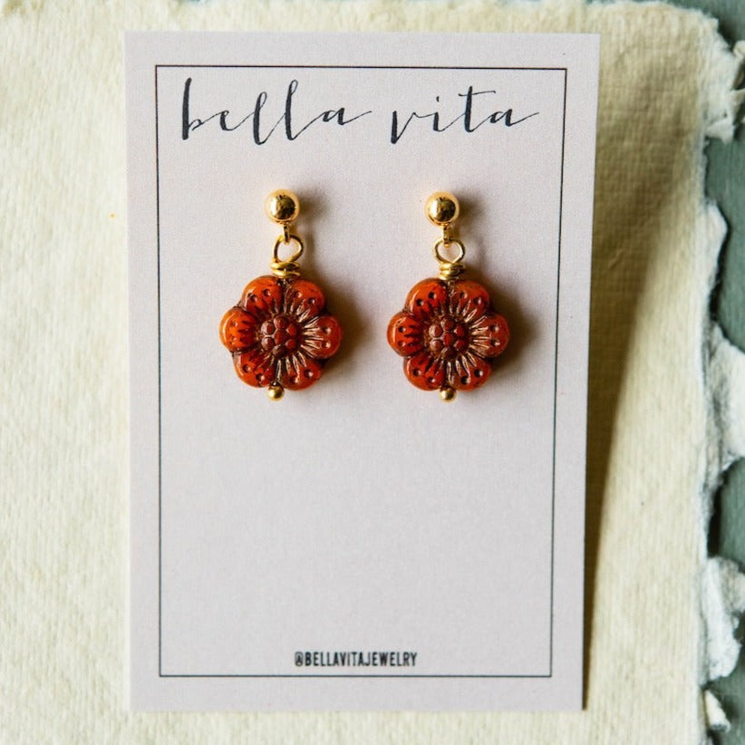 Flower Power Post Earring Stud + Post Earrings Bella Vita Jewelry Gold Plated Burnt Orange 