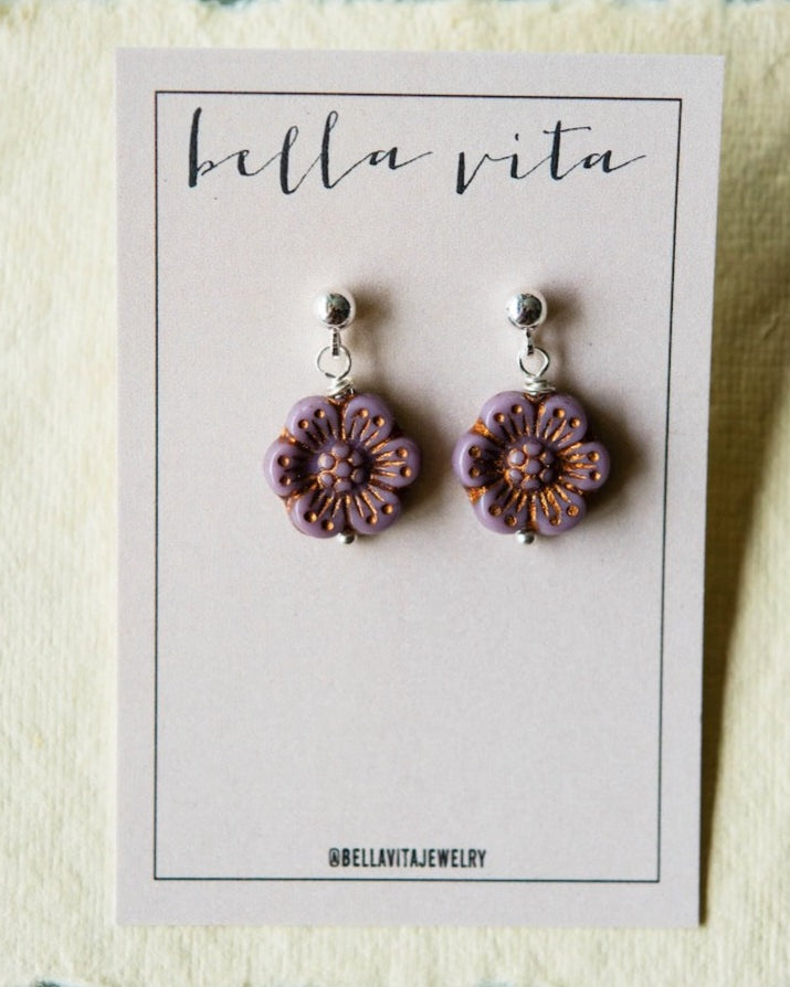 Flower Power Post Earring Stud + Post Earrings Bella Vita Jewelry Gold Plated Purple