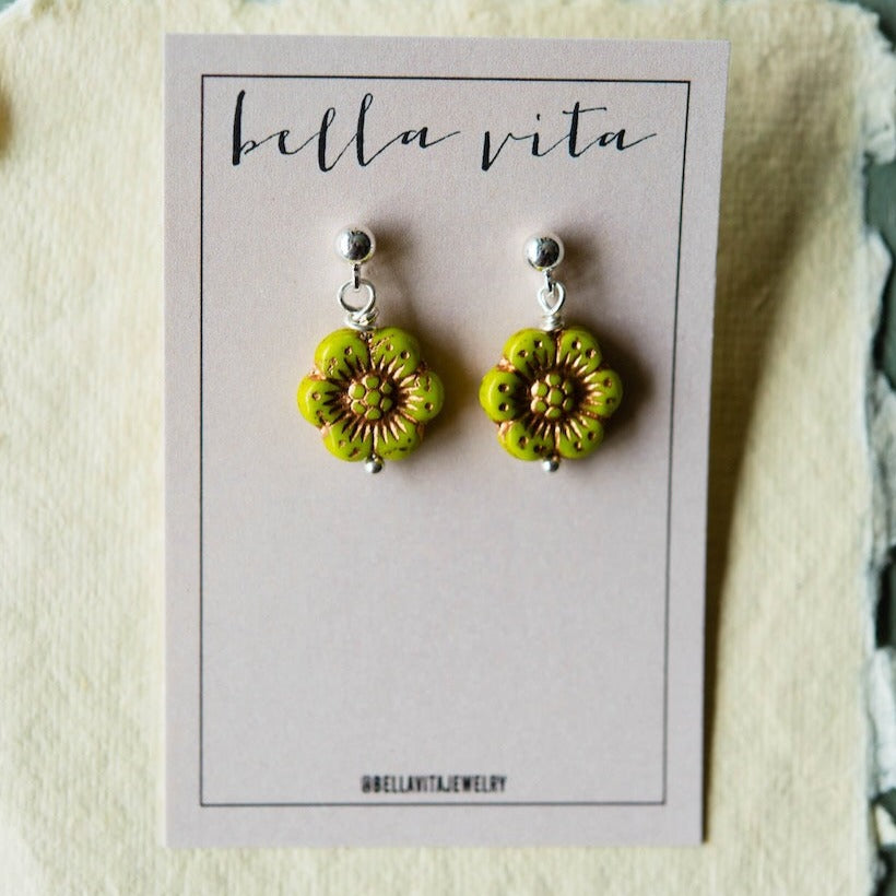 Flower Power Post Earring Stud + Post Earrings Bella Vita Jewelry Gold Plated Lime 