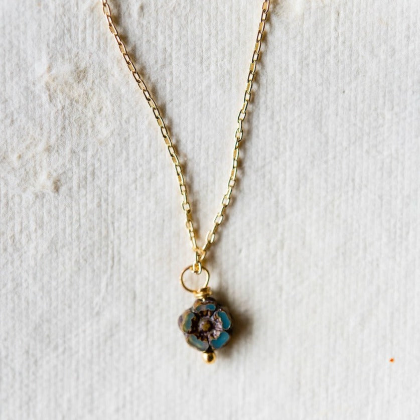 Flower Power Chain Necklace Charm + Pendant Necklaces Bella Vita Jewelry Gold Plated Teal 