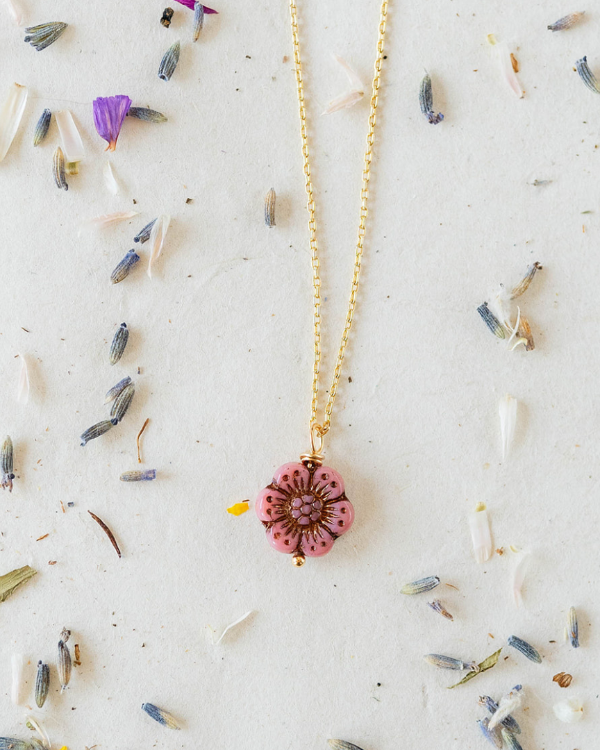 Flower Power Chain Necklace Charm + Pendant Necklaces Bella Vita Jewelry Gold Plated Pink