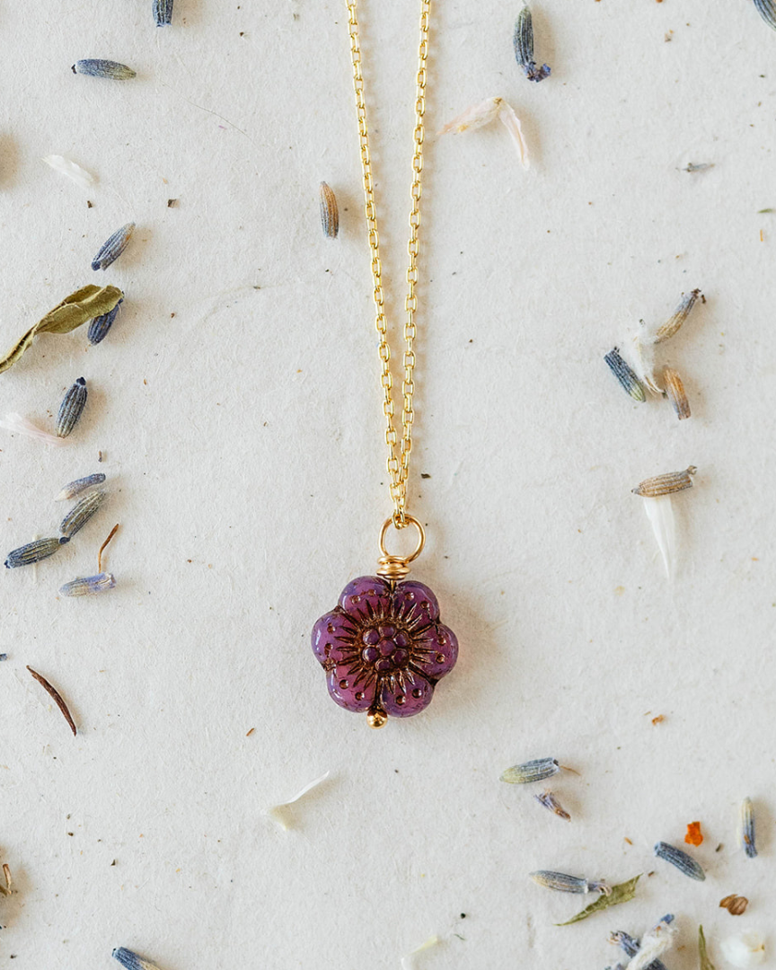 Flower Power Chain Necklace Charm + Pendant Necklaces Bella Vita Jewelry Gold Plated Purple