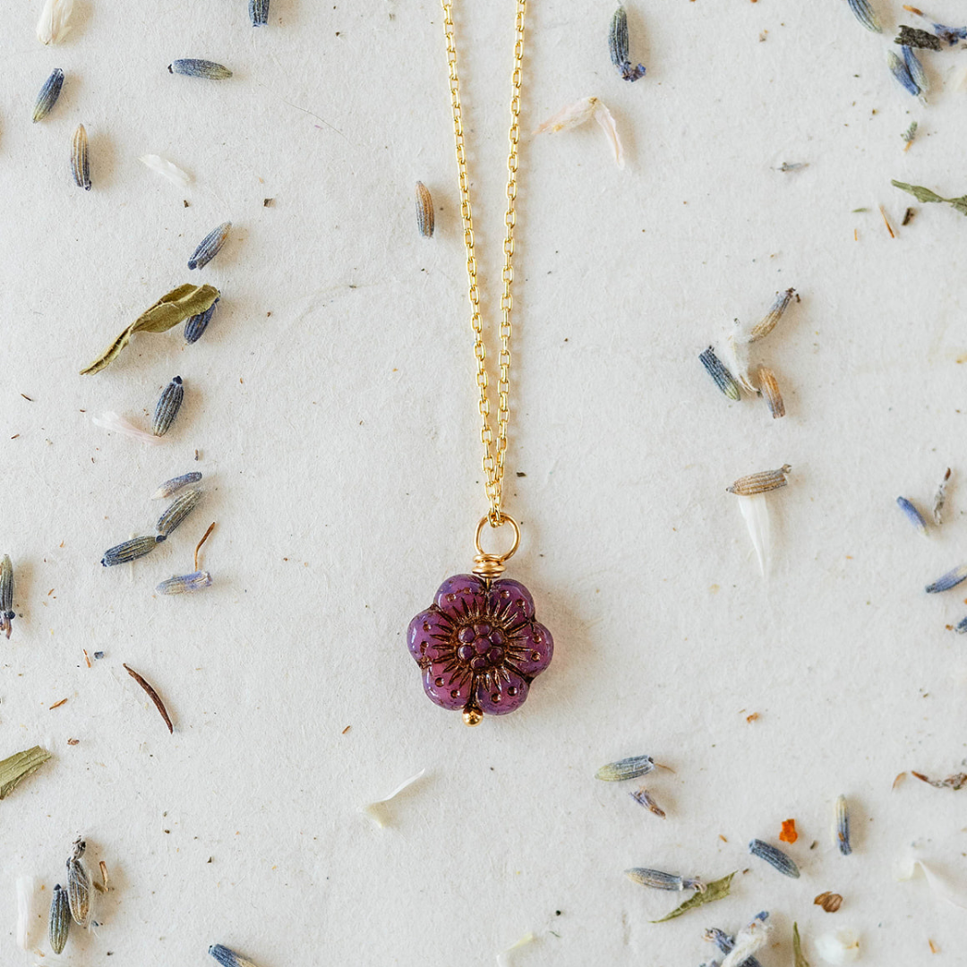 Flower Power Chain Necklace Charm + Pendant Necklaces Bella Vita Jewelry Gold Plated Purple