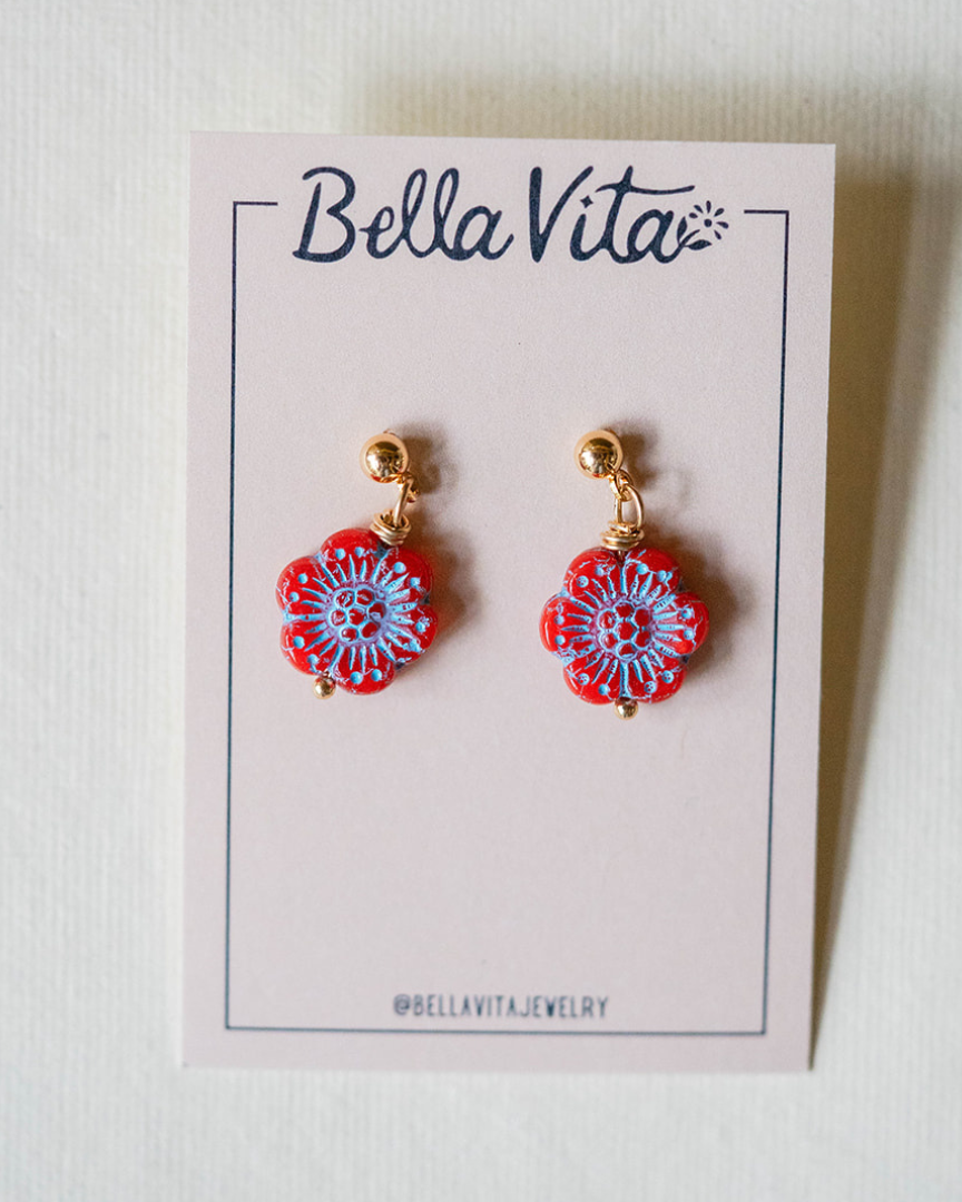 Flower Power Post Earring Stud + Post Earrings Bella Vita Jewelry Gold Plated Red