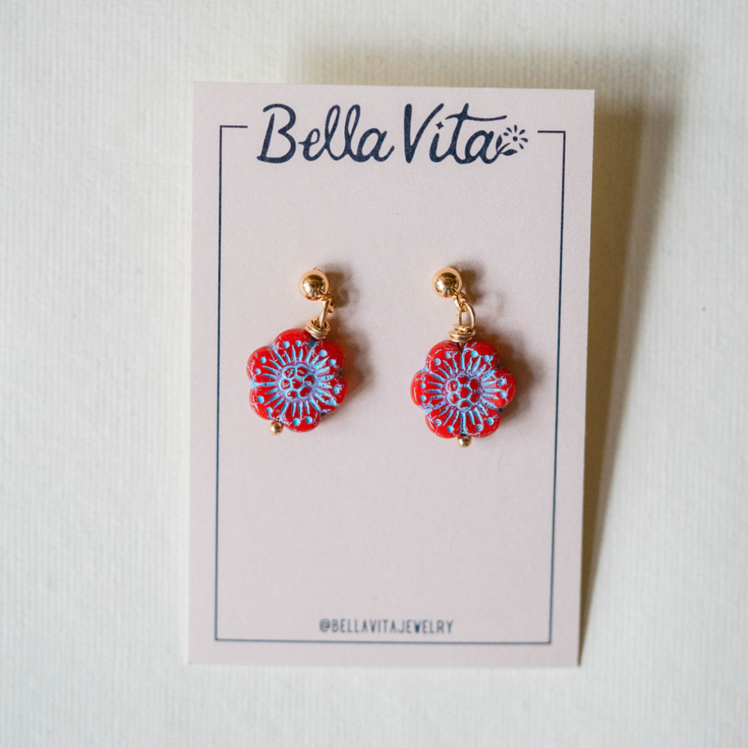 Flower Power Post Earring Stud + Post Earrings Bella Vita Jewelry Gold Plated Red