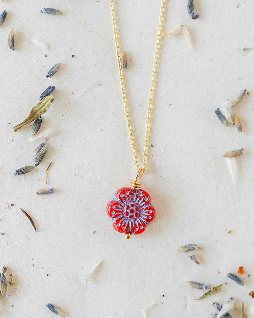 Flower Power Chain Necklace Charm + Pendant Necklaces Bella Vita Jewelry Gold Plated Red