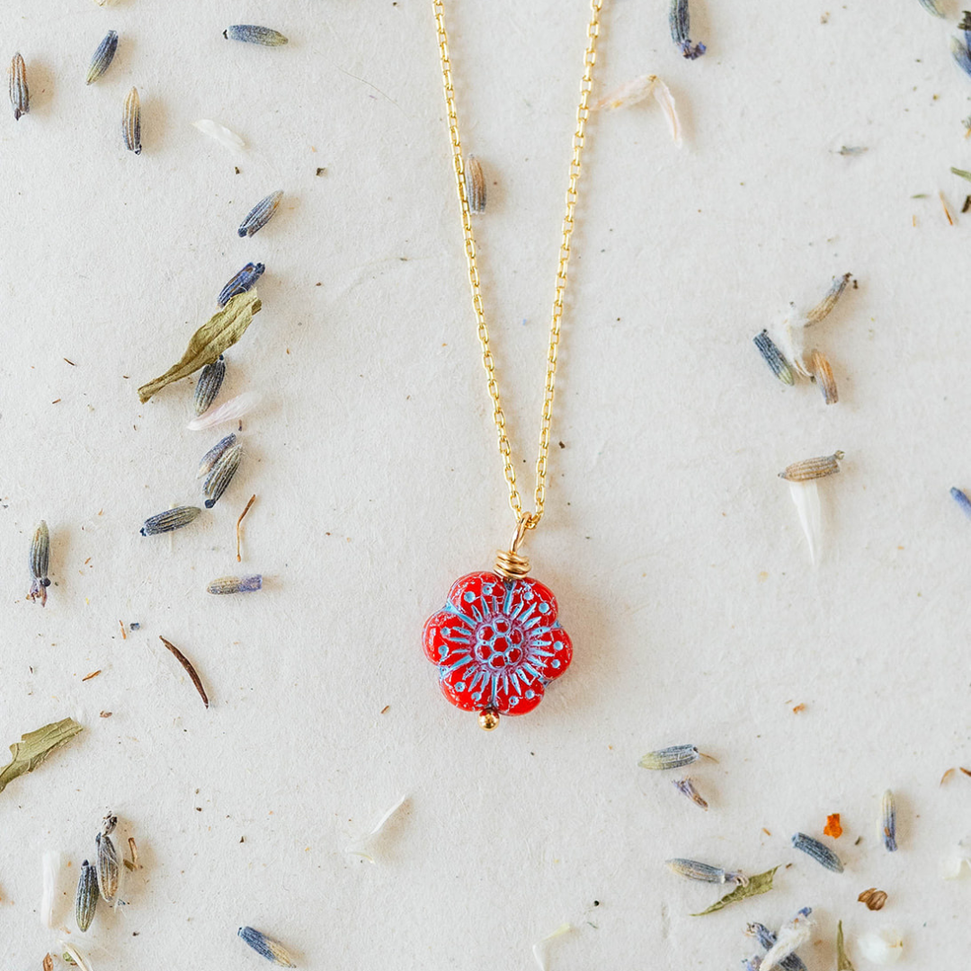 Flower Power Chain Necklace Charm + Pendant Necklaces Bella Vita Jewelry Gold Plated Red