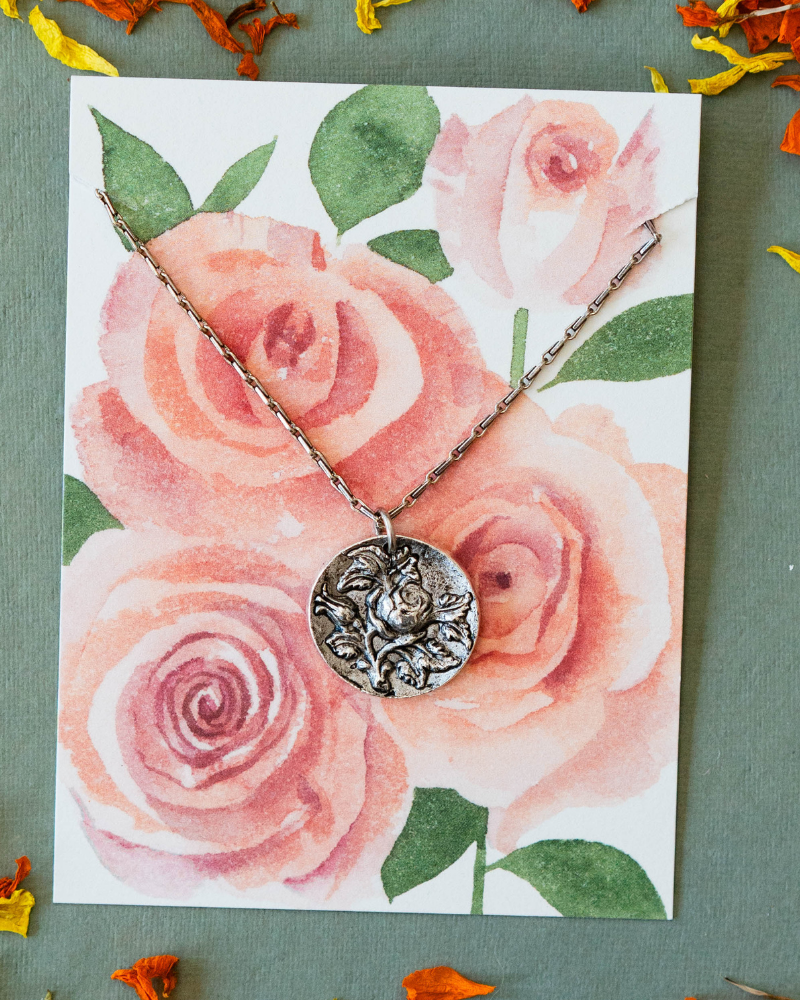 In the Garden - Rose Necklace Charm + Pendant Necklaces Bella Vita Jewelry Pewter Pendant/Silver Plated Chain