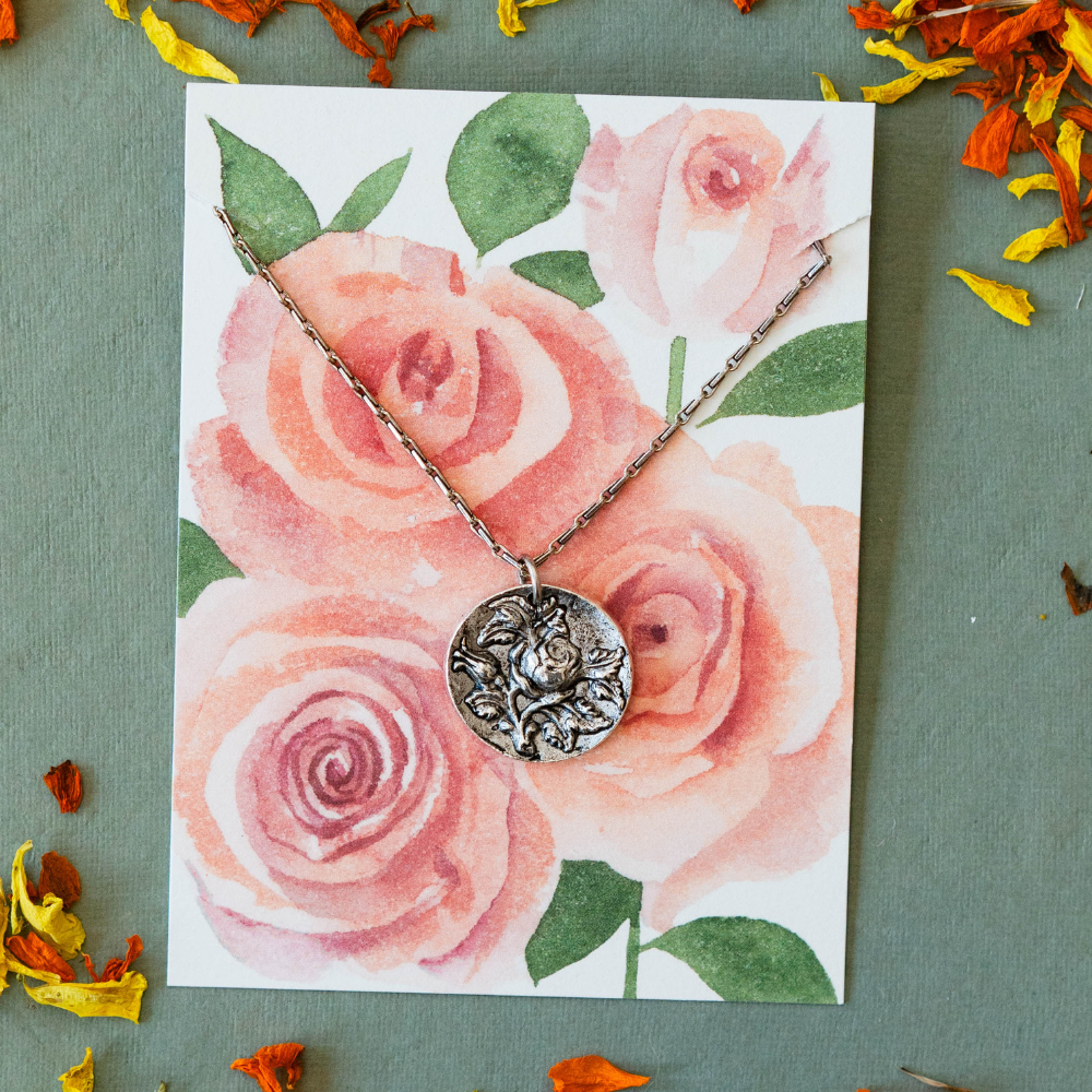 In the Garden - Rose Necklace Charm + Pendant Necklaces Bella Vita Jewelry Pewter Pendant/Silver Plated Chain