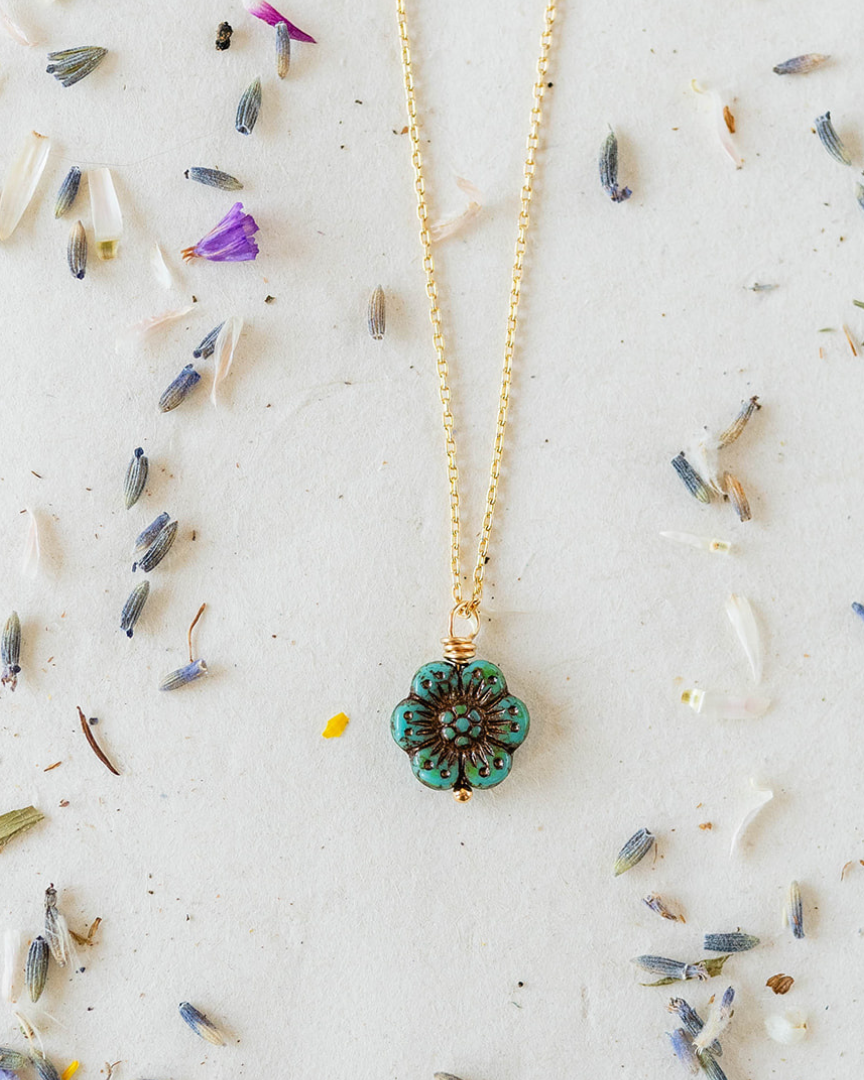Flower Power Chain Necklace Charm + Pendant Necklaces Bella Vita Jewelry Gold Plated Turquoise